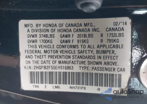 2014 Honda Civic Lx из США, поврежденный, VIN 2HGFB2F55EH516863